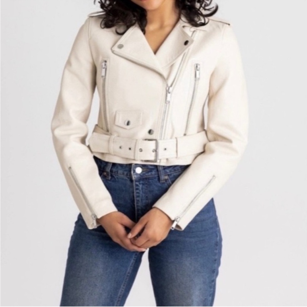 LTH JKT Essentials Bone Cream Ivory Cropped Oversized Leather Moto Jacket 2XL